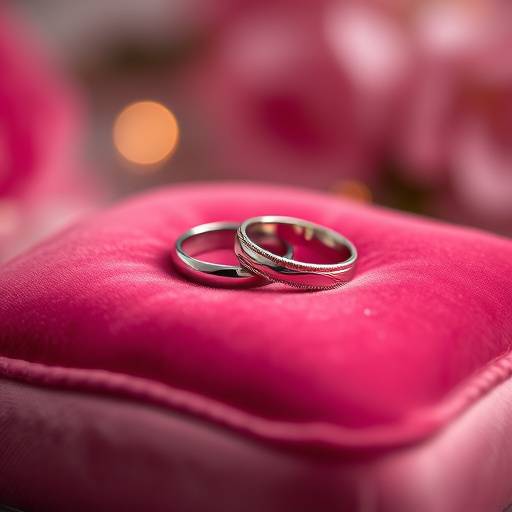 Detalle de los anillos de boda sobre un cojín