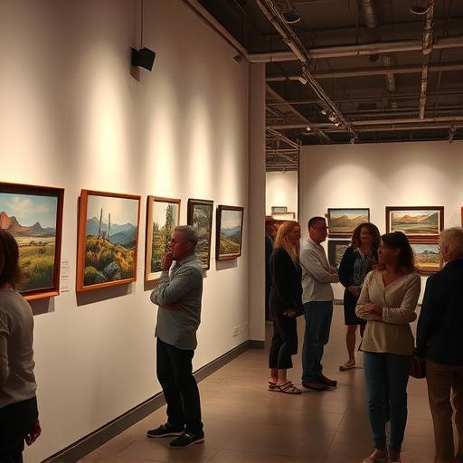 Fotografía de la inauguración de una exposición de paisajes, mostrando cuadros colgados en las paredes y gente observándolos.