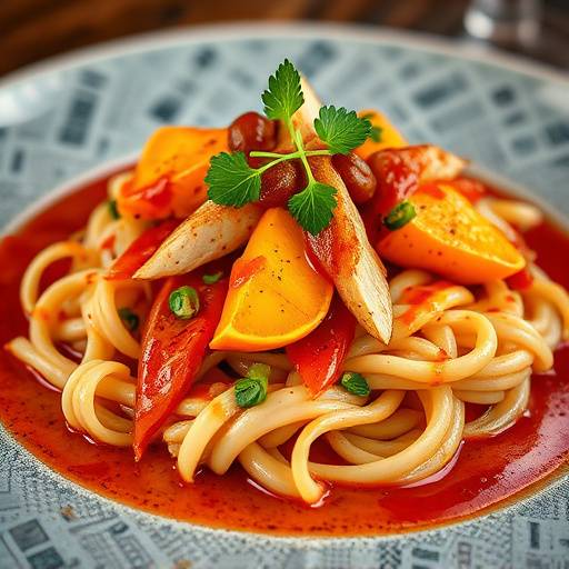 Fotografía de un plato de comida gourmet, resaltando los colores y texturas de los ingredientes.