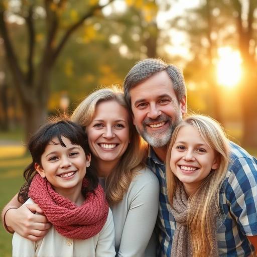 Fotografía de una familia sonriendo en un parque durante una sesión de fotos al aire libre.