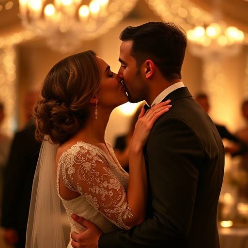 Fotografía de una pareja de recién casados besándose durante su recepción, con luces cálidas de fondo
