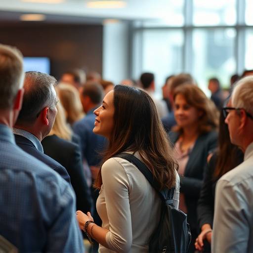 Fotógrafo capturando un evento corporativo, con asistentes interactuando y una atmósfera animada.
