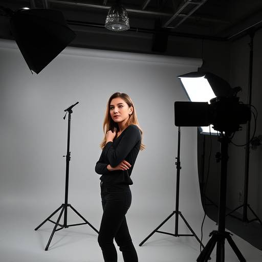 Imagen promocional del taller de retrato, mostrando a una modelo siendo fotografiada en un estudio con luces profesionales.