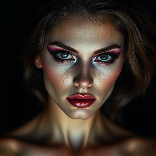 Retrato artístico de una mujer con iluminación dramática y maquillaje creativo.