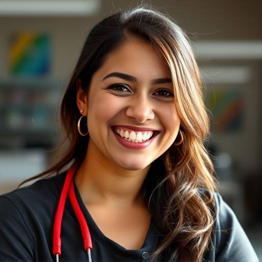 Retrato de Carmen González, asistente de fotografía y edición, sonriendo con entusiasmo y dinamismo.