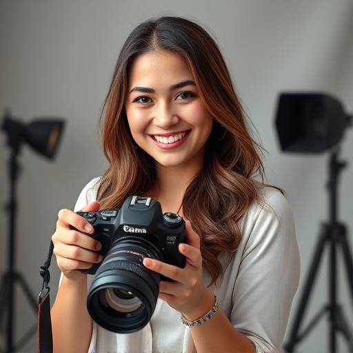 Retrato de Elena Sánchez, la directora y fotógrafa principal de Estudio Lumina, sonriendo con una cámara en la mano.