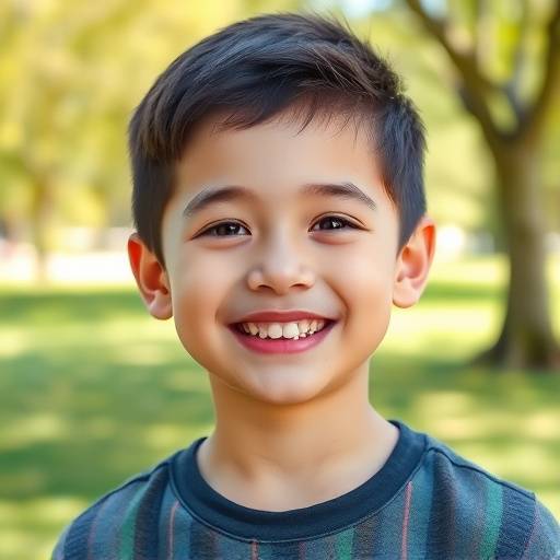 Retrato de un niño sonriendo alegremente en un parque con luz natural