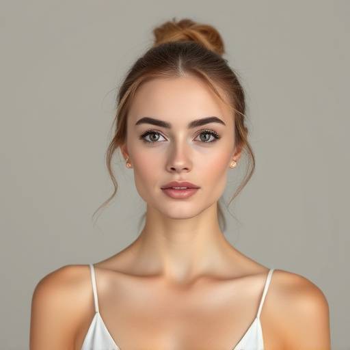Retrato profesional de una modelo en estudio, con iluminación controlada y un fondo neutro.
